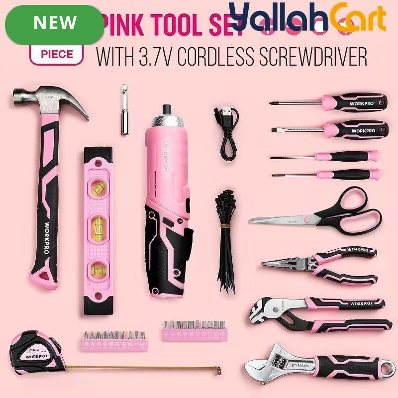 73-Piece Pink Tool Kit with 3.7V Cordless Screwdriver (Pink) – Portable Storage Box & Essential Home Repair Accessories
