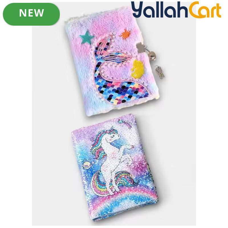 2-Piece Multicolor A5 Cute Unicorn & Fishtail Lock Plush Notebook Set – Reversible Sequin Locking Journals for Kids