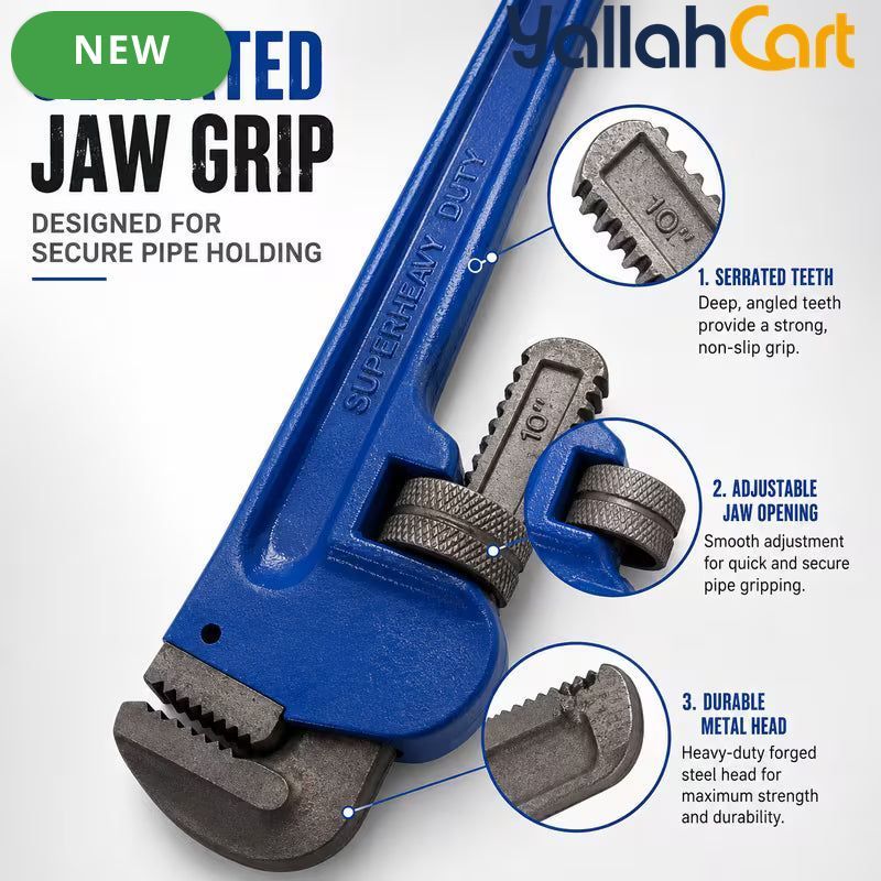 10 Inch Adjustable Straight Pipe Wrench - Blue & Black, Toothed Jaw, Knurled Adjustment Wheel, Adjustable Plumbing Wrench, Metal Pipe Fitting Repair Hand Tool for Home, Workshop & Maintenance
