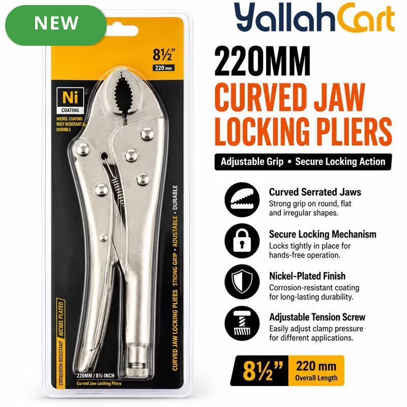 8.5 Inch Curved Jaw Locking Pliers - Silver, Heavy Duty Adjustable Vice Grip, Quick Release Lever, Pressure Adjustment Screw, Serrated Jaws for Welding, Automotive, Plumbing, Workshop & DIY Repairs