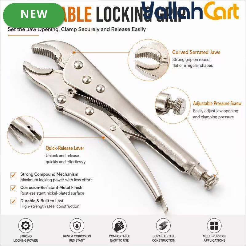 8.5 Inch Curved Jaw Locking Pliers - Silver, Heavy Duty Adjustable Vice Grip, Quick Release Lever, Pressure Adjustment Screw, Serrated Jaws for Welding, Automotive, Plumbing, Workshop & DIY Repairs