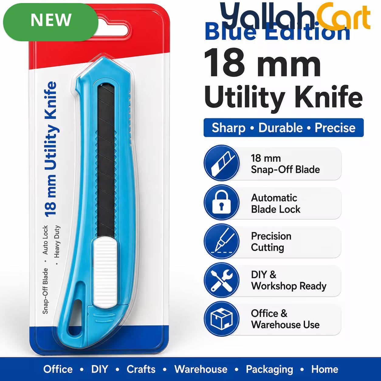 18mm Utility Knife - Black & Blue, Retractable Snap-Off Box Cutter, Automatic Blade Lock, Carbon Steel Blade, Heavy-Duty Cutting Knife for DIY, Office, Warehouse & Home