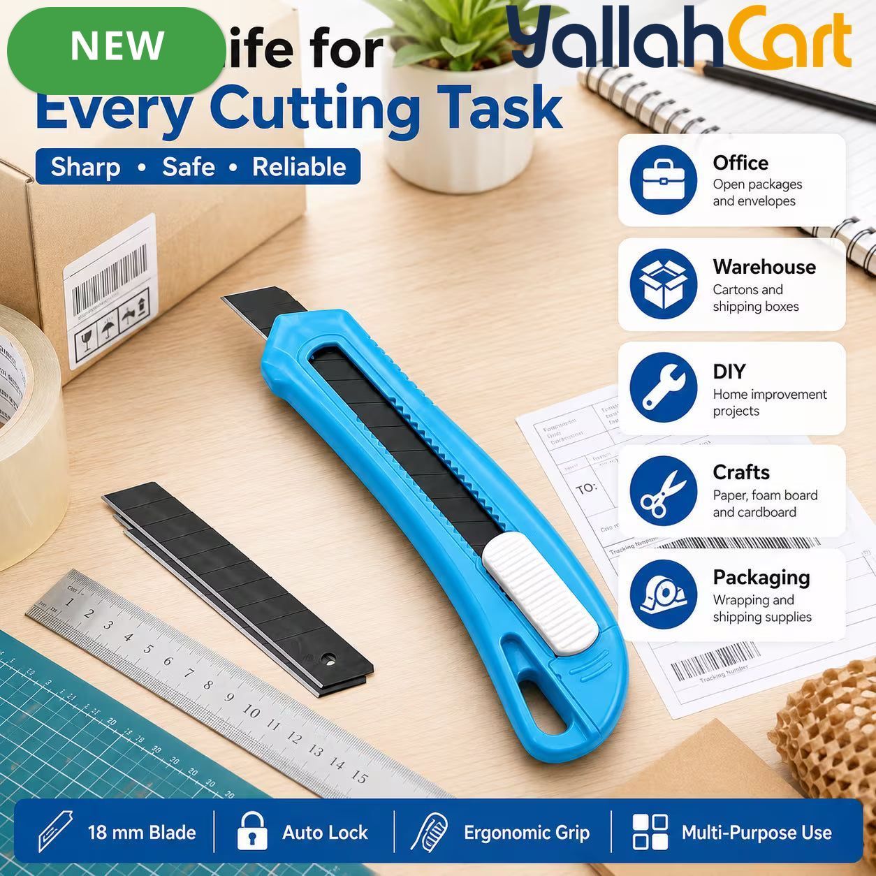 18mm Utility Knife - Black & Blue, Retractable Snap-Off Box Cutter, Automatic Blade Lock, Carbon Steel Blade, Heavy-Duty Cutting Knife for DIY, Office, Warehouse & Home