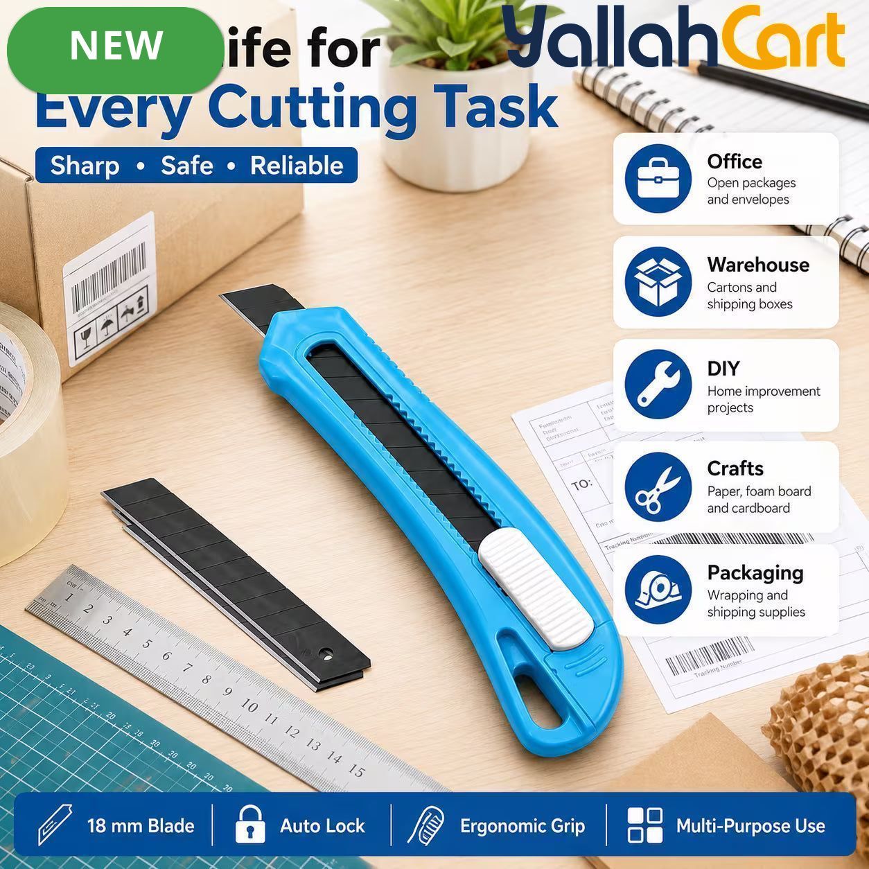 18mm Utility Knife - Black & Blue, Retractable Snap-Off Box Cutter, Automatic Blade Lock, Carbon Steel Blade, Heavy-Duty Cutting Knife for DIY, Office, Warehouse & Home