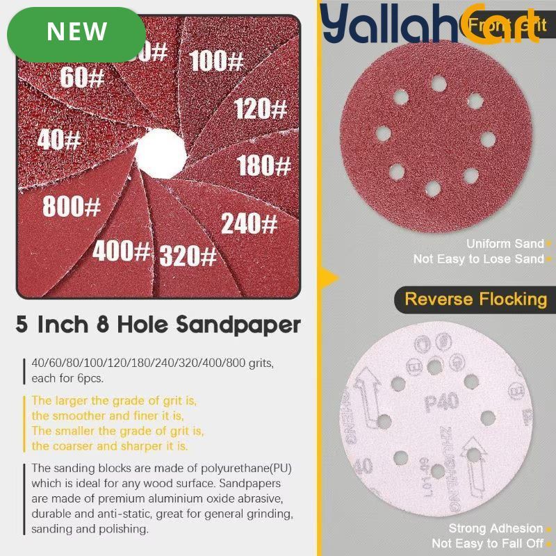 62pcs Hand Sanding Block & Sanding Pad Set - Tea Pink & Yellow, 12.7cm Round Hand Sanding Pad, Mouse Sanding Block, 60pcs 8-Hole Hook & Loop Sanding Discs for Woodworking, Furniture Restoration, Home & Auto Body