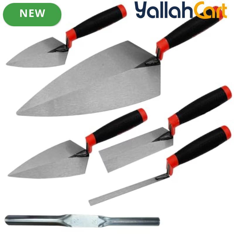6pcs Masonry Hand Tool Set - Black, Brick Trowel, Pointing Trowels, Margin Trowel, Tuck Pointing Trowel & Convex Brick Jointer, Carbon Steel Concrete Tools for Brick, Stone, Tile & DIY