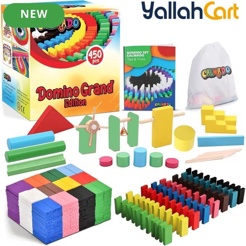 450pcs Domino Set - Natural Wood Wooden Board Game, Grand Family Edition with Storage Case, Instructions Manual & Accessories, Classic Domino Game for Family & Friends