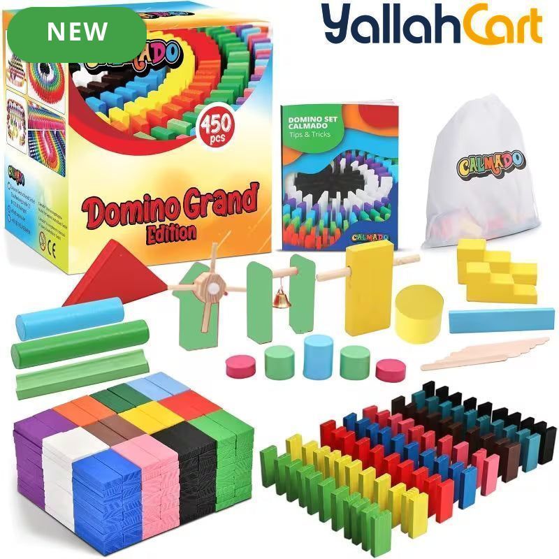 450pcs Domino Set - Natural Wood Wooden Board Game, Grand Family Edition with Storage Case, Instructions Manual & Accessories, Classic Domino Game for Family & Friends