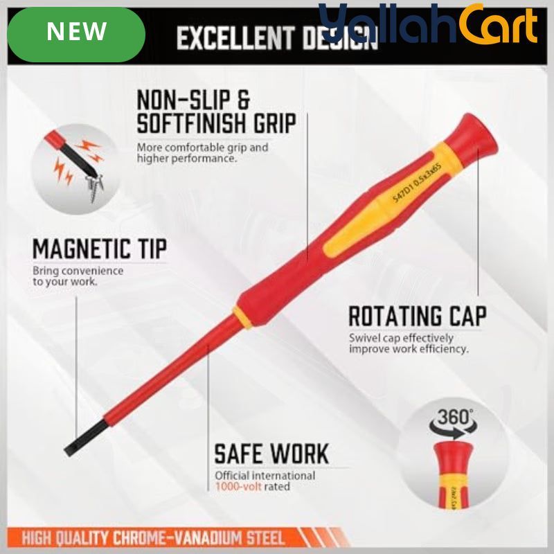 TERRIFI 1000V 6pcs Mini Insulated Screwdriver Set - Yellow/Red, Magnetic Tips, Slotted 1.8mm 2.0mm 2.5mm 3.0mm & Phillips PH00 PH0, Precision Electrician Tool Kit