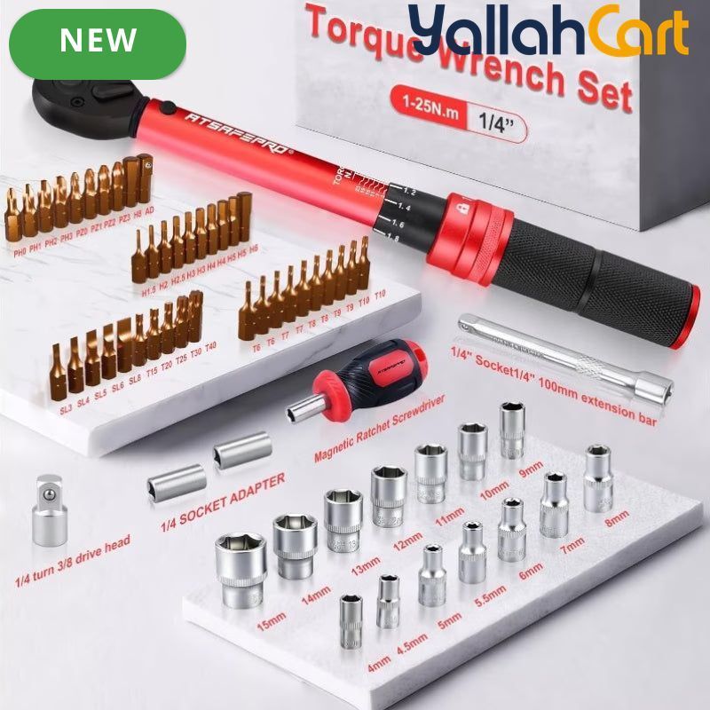 61pcs 1/4" Torque Wrench Set - Default, 1-25Nm Torque Range, 40 Bits, 10cm Extension Bar, 1/4"-3/8" Adapter & Screwdriver, ±3% Accuracy, Hand Tool Kit for Bicycles, Motorcycles & Household Use