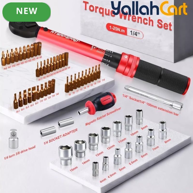 61pcs 1/4" Torque Wrench Set - Default, 1-25Nm Torque Range, 40 Bits, 10cm Extension Bar, 1/4"-3/8" Adapter & Screwdriver, ±3% Accuracy, Hand Tool Kit for Bicycles, Motorcycles & Household Use