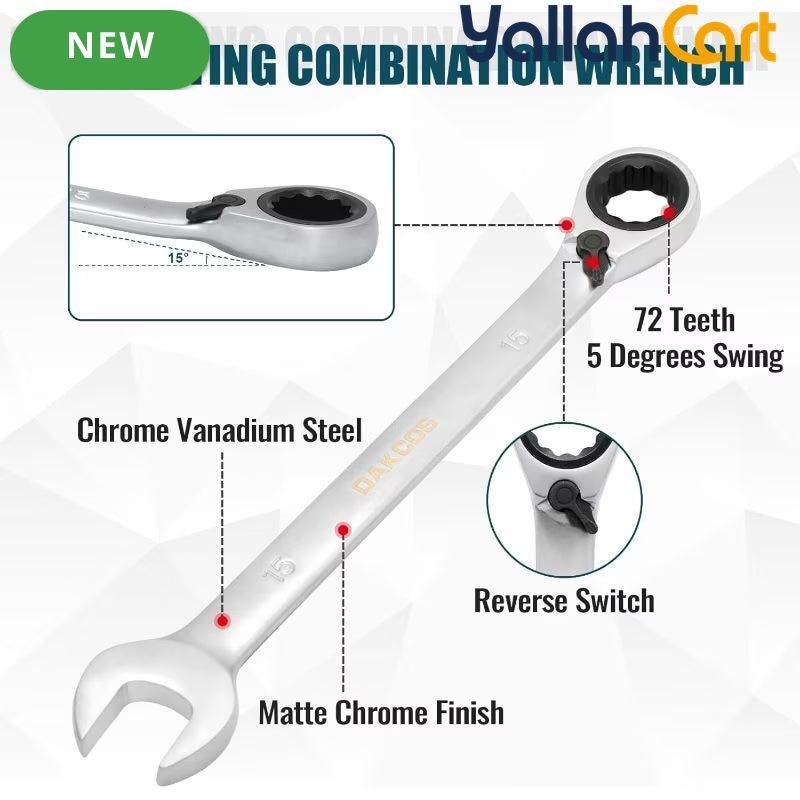 16mm Reversible Ratchet Wrench - Silver, Metric Ratchet Spanner, Polished Chrome Finish, Reversible Mechanism, Stainless Steel Hand Tool for Automotive, Mechanical & Home Repair