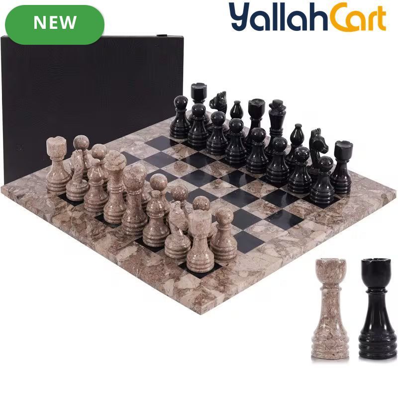 Premium Handcrafted Oceanic Chess Set 38.1 cm - Black Chess Board with 32pcs Pieces & 2 Queens, Luxury Travel Chess Game, Elegant Modern Home Decor, Storage Box Included