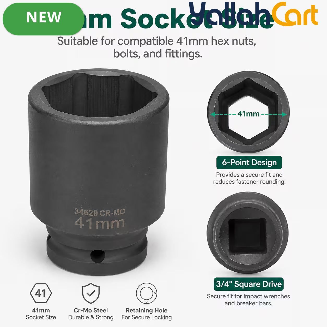 41mm Deep Impact Socket - Black, 3/4 Inch Square Drive, Cr-Mo Steel 6-Point Socket, Heavy-Duty Deep Socket for Impact Wrench, Ratchet & Breaker Bar, Automotive & Machinery Repair