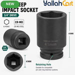41mm Deep Impact Socket - Black, 3/4 Inch Square Drive, Cr-Mo Steel 6-Point Socket, Heavy-Duty Deep Socket for Impact Wrench, Ratchet & Breaker Bar, Automotive & Machinery Repair