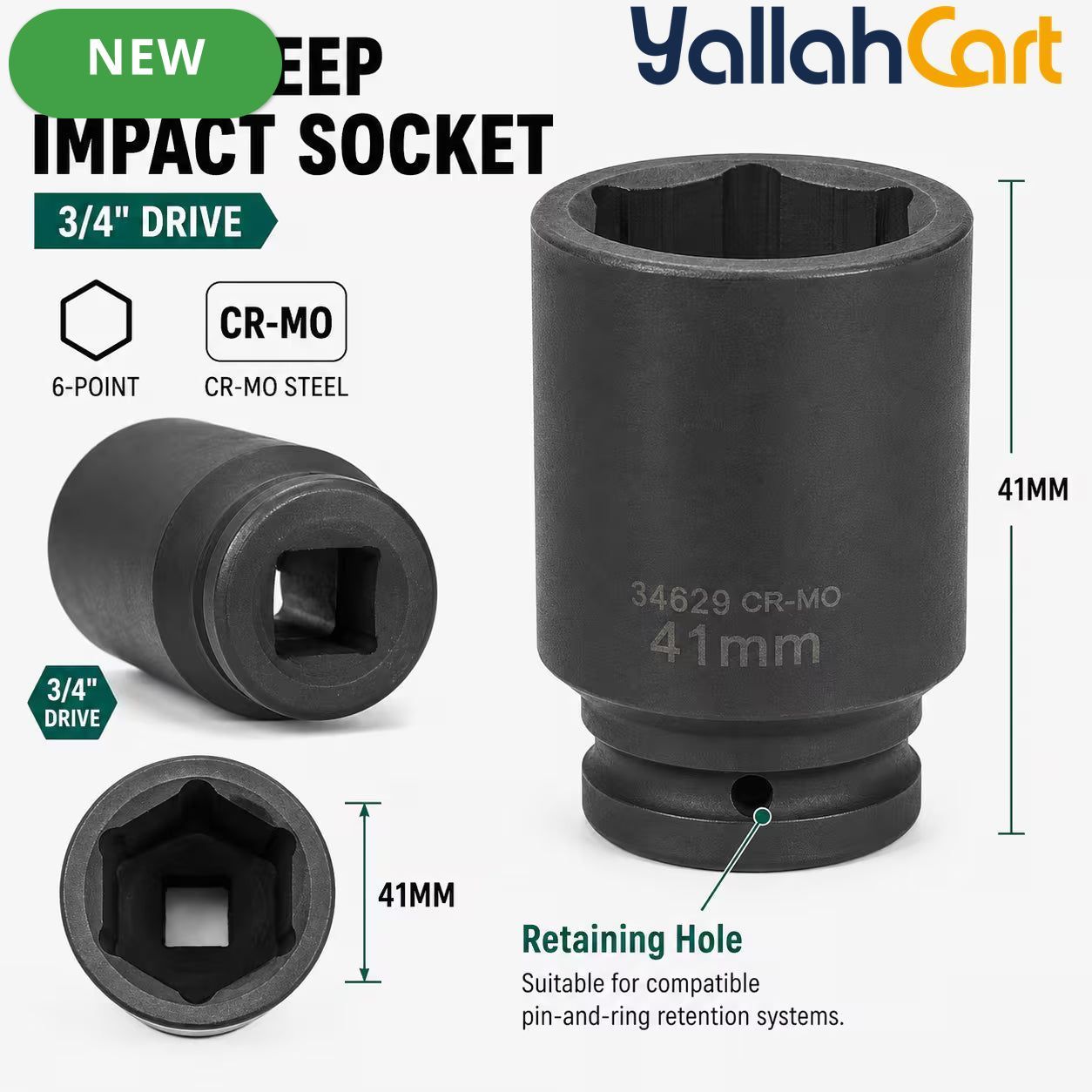 41mm Deep Impact Socket - Black, 3/4 Inch Square Drive, Cr-Mo Steel 6-Point Socket, Heavy-Duty Deep Socket for Impact Wrench, Ratchet & Breaker Bar, Automotive & Machinery Repair