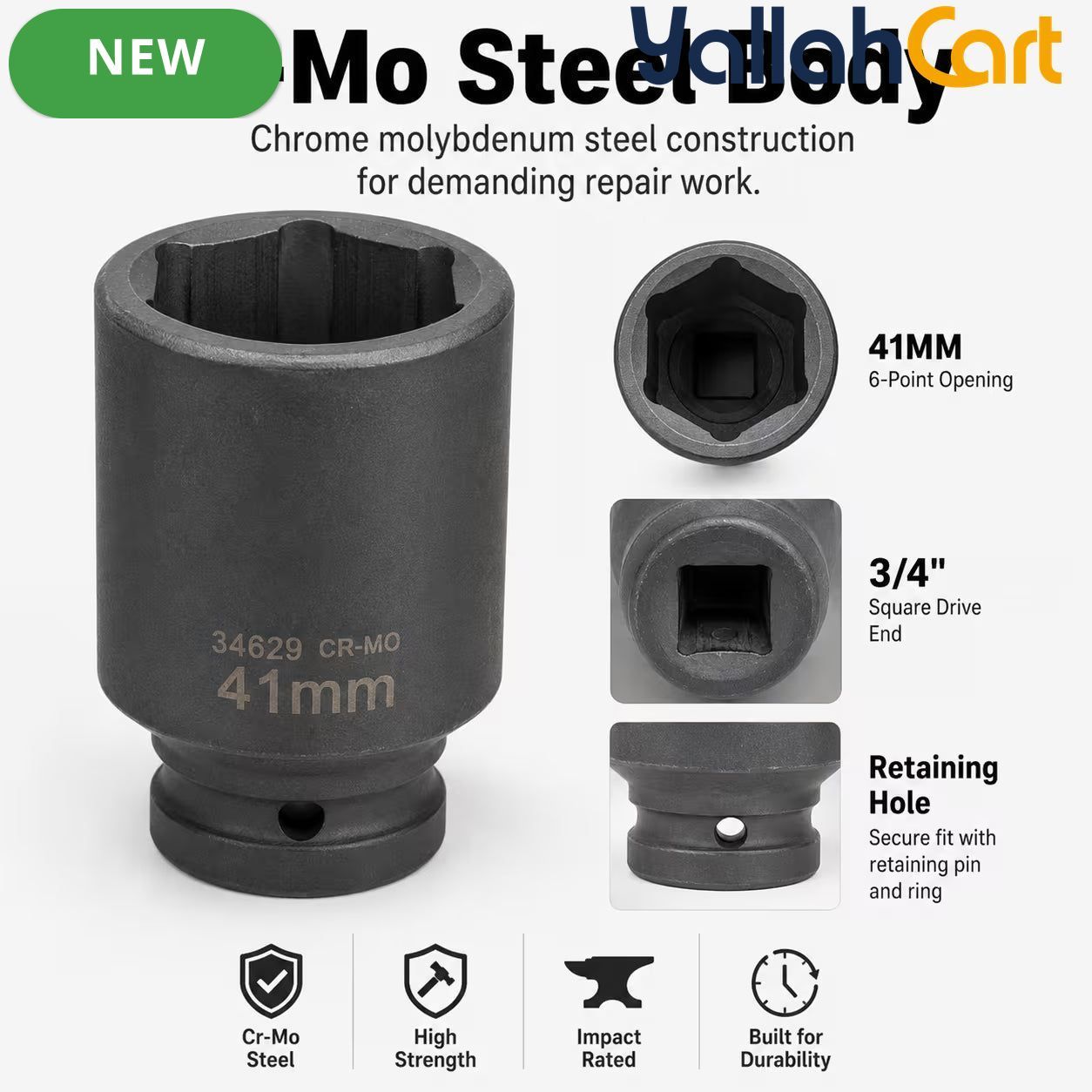 41mm Deep Impact Socket - Black, 3/4 Inch Square Drive, Cr-Mo Steel 6-Point Socket, Heavy-Duty Deep Socket for Impact Wrench, Ratchet & Breaker Bar, Automotive & Machinery Repair