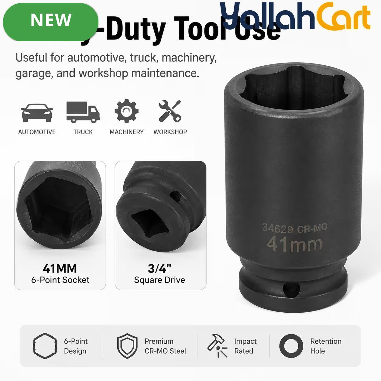 41mm Deep Impact Socket - Black, 3/4 Inch Square Drive, Cr-Mo Steel 6-Point Socket, Heavy-Duty Deep Socket for Impact Wrench, Ratchet & Breaker Bar, Automotive & Machinery Repair