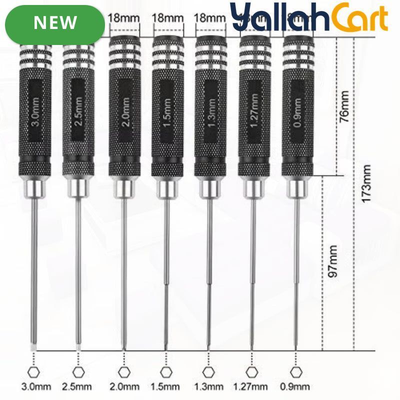 7pcs Hex Screwdriver Set - Black, 0.9mm, 1.27mm, 1.3mm, 1.5mm, 2.0mm, 2.5mm & 3.0mm Precision Hex Tools, Aluminum Alloy Handle, RC Model Repair Kit for Cars, Boats, Helicopters & Drones