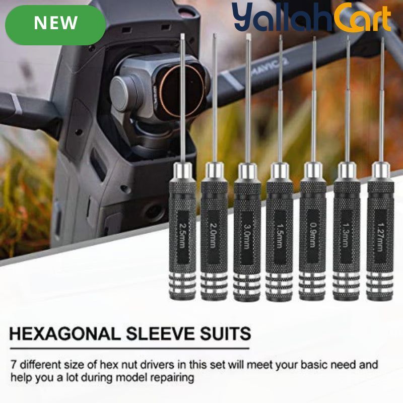 7pcs Hex Screwdriver Set - Black, 0.9mm, 1.27mm, 1.3mm, 1.5mm, 2.0mm, 2.5mm & 3.0mm Precision Hex Tools, Aluminum Alloy Handle, RC Model Repair Kit for Cars, Boats, Helicopters & Drones