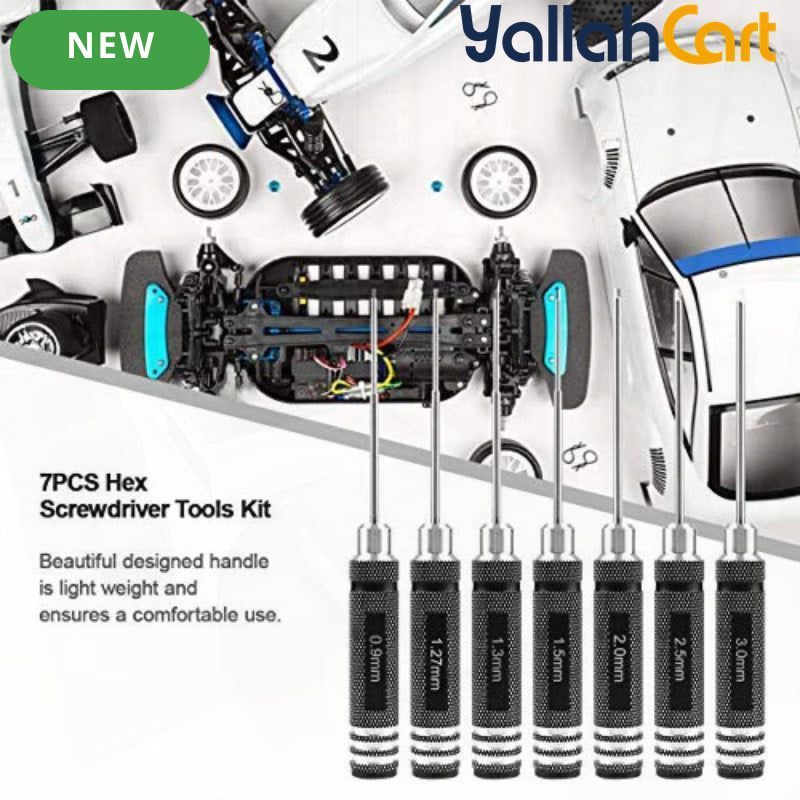7pcs Hex Screwdriver Set - Black, 0.9mm, 1.27mm, 1.3mm, 1.5mm, 2.0mm, 2.5mm & 3.0mm Precision Hex Tools, Aluminum Alloy Handle, RC Model Repair Kit for Cars, Boats, Helicopters & Drones
