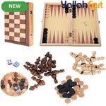 3-in-1 Wooden Chess Set with Foldable Board - Brown Wood Table Game System for Chess, Checkers & Backgammon, Portable Travel Board Game, Classic Strategy Set for Adults & Families