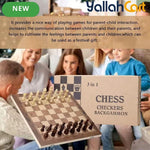 3-in-1 Wooden Chess Set with Foldable Board - Brown Wood Table Game System for Chess, Checkers & Backgammon, Portable Travel Board Game, Classic Strategy Set for Adults & Families