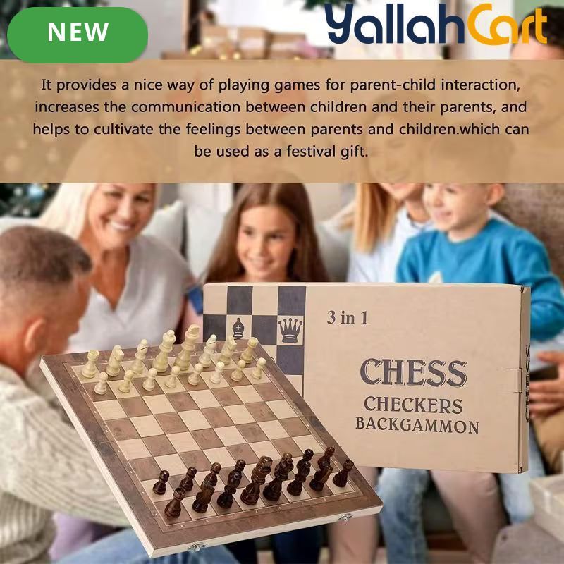 3-in-1 Wooden Chess Set with Foldable Board - Brown Wood Table Game System for Chess, Checkers & Backgammon, Portable Travel Board Game, Classic Strategy Set for Adults & Families