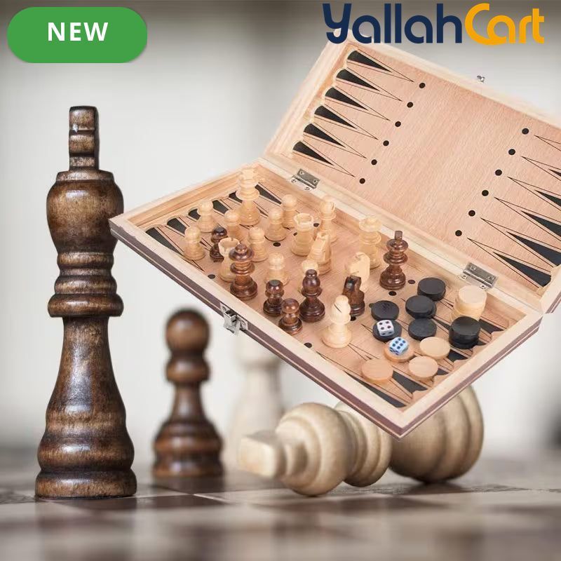 3-in-1 Wooden Chess Set with Foldable Board - Brown Wood Table Game System for Chess, Checkers & Backgammon, Portable Travel Board Game, Classic Strategy Set for Adults & Families