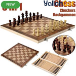 3-in-1 Wooden Chess Set with Foldable Board - Brown Wood Table Game System for Chess, Checkers & Backgammon, Portable Travel Board Game, Classic Strategy Set for Adults & Families