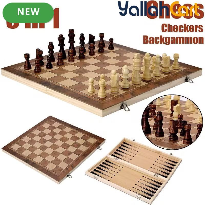 3-in-1 Wooden Chess Set with Foldable Board - Brown Wood Table Game System for Chess, Checkers & Backgammon, Portable Travel Board Game, Classic Strategy Set for Adults & Families