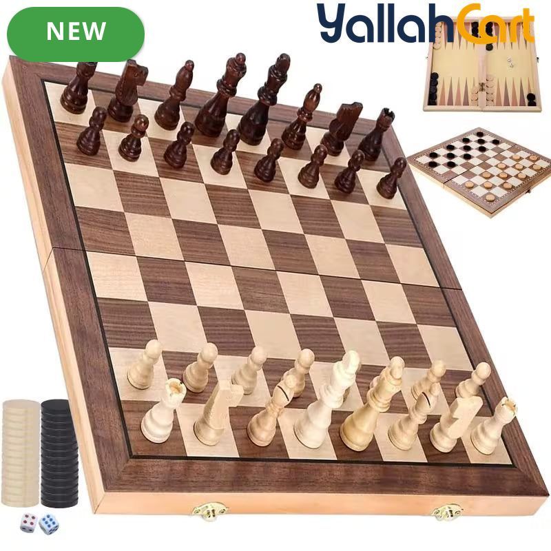 3-in-1 Wooden Chess Set with Foldable Board - Brown Wood Table Game System for Chess, Checkers & Backgammon, Portable Travel Board Game, Classic Strategy Set for Adults & Families