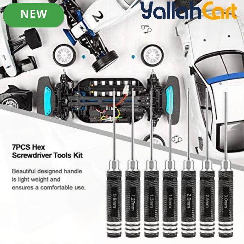7pcs Hex Screwdriver Set - Black, 0.9mm, 1.27mm, 1.3mm, 1.5mm, 2.0mm, 2.5mm & 3.0mm Precision Hex Tools, Aluminum Alloy Handle, RC Model Repair Kit for Cars, Boats, Helicopters & Drones