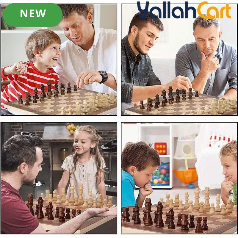 3-in-1 Wooden Chess Set with Foldable Board - Brown Wood Table Game System for Chess, Checkers & Backgammon, Portable Travel Board Game, Classic Strategy Set for Adults & Families