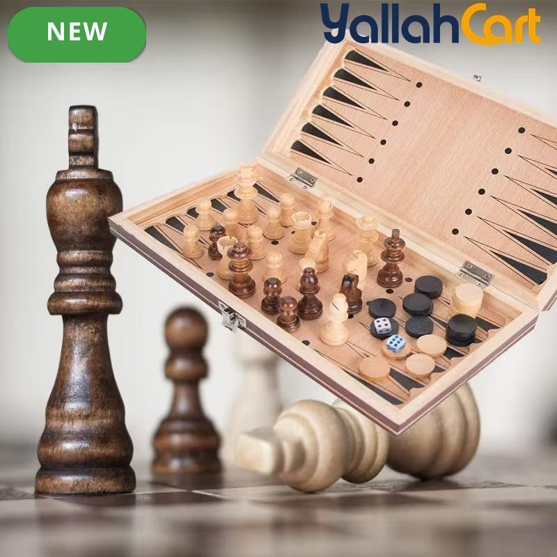 3-in-1 Wooden Chess Set with Foldable Board - Brown Wood Table Game System for Chess, Checkers & Backgammon, Portable Travel Board Game, Classic Strategy Set for Adults & Families