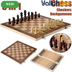 3-in-1 Wooden Chess Set with Foldable Board - Brown Wood Table Game System for Chess, Checkers & Backgammon, Portable Travel Board Game, Classic Strategy Set for Adults & Families