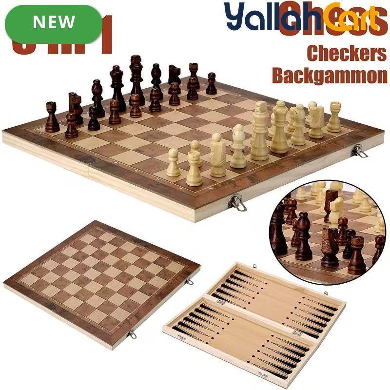 3-in-1 Wooden Chess Set with Foldable Board - Brown Wood Table Game System for Chess, Checkers & Backgammon, Portable Travel Board Game, Classic Strategy Set for Adults & Families