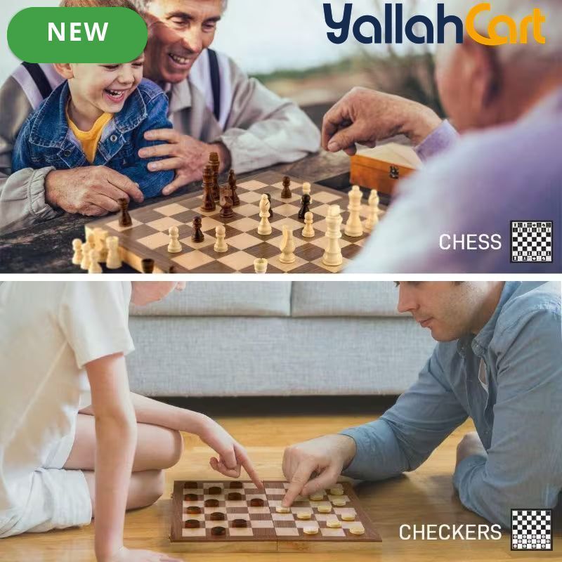 3-in-1 Wooden Chess Set with Foldable Board - Brown Wood Table Game System for Chess, Checkers & Backgammon, Portable Travel Board Game, Classic Strategy Set for Adults & Families