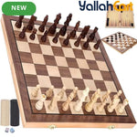 3-in-1 Wooden Chess Set with Foldable Board - Brown Wood Table Game System for Chess, Checkers & Backgammon, Portable Travel Board Game, Classic Strategy Set for Adults & Families