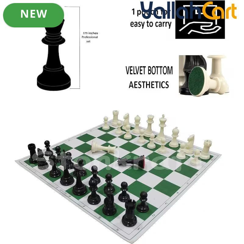 43.18cm X 43.18cm Tournament Chess Vinyl Foldable Chess Set - Green Chess Board with Solid Plastic Pieces, Professional Tournament Chess Game, Portable Foldable Board for Adults & Players