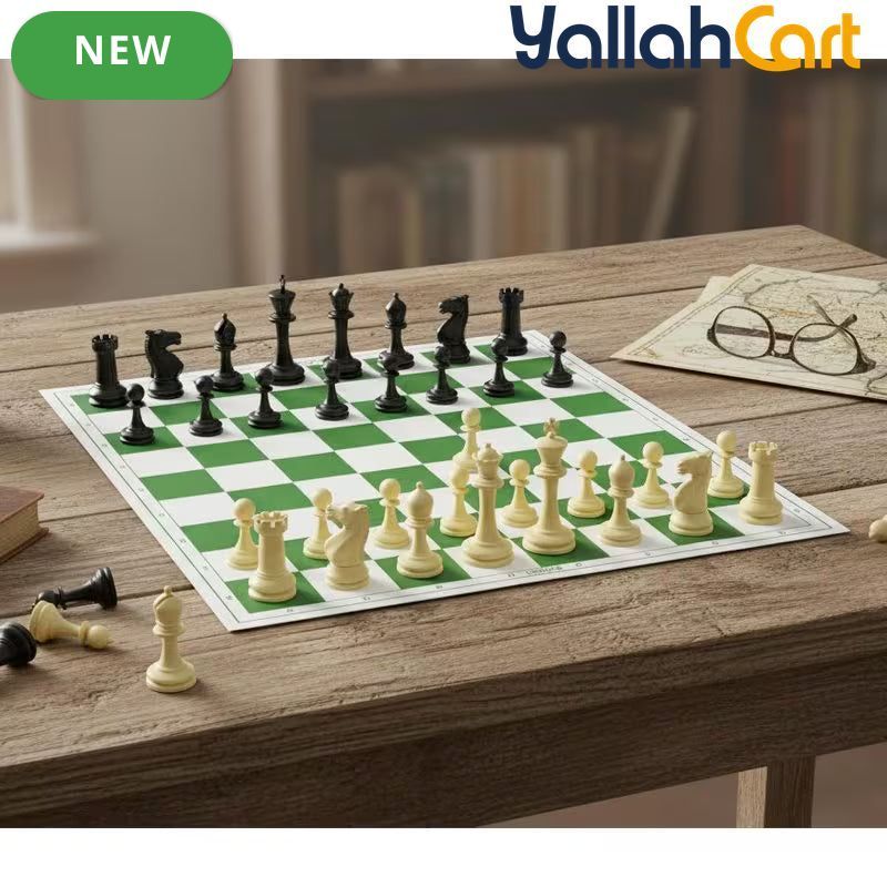 43.18cm X 43.18cm Tournament Chess Vinyl Foldable Chess Set - Green Chess Board with Solid Plastic Pieces, Professional Tournament Chess Game, Portable Foldable Board for Adults & Players