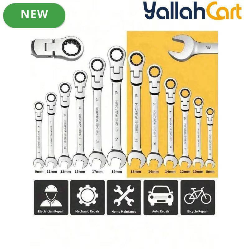 Adjustable Wrench Set - Black, 12-Piece Combination Wrench Set 8mm-19mm, Aluminum Alloy Hand Tools, Adjustable Wrench, Durable Mechanical Repair Tool Set for Home, Garage & Workshop