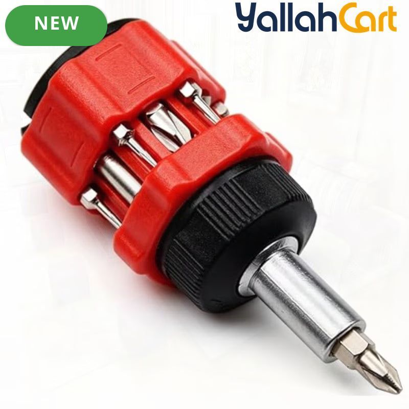 14-in-1 Ratchet Stubby Screwdriver Set - Red, Short Handle Multi-Bit Screwdriver, 12pcs Magnetic Bits, Phillips & Slotted Bits, 3-Position Ratcheting Handle, Compact Pocket Repair Tool