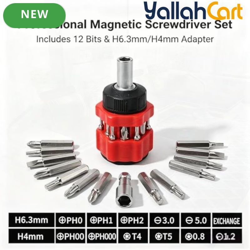 14-in-1 Ratchet Stubby Screwdriver Set - Red, Short Handle Multi-Bit Screwdriver, 12pcs Magnetic Bits, Phillips & Slotted Bits, 3-Position Ratcheting Handle, Compact Pocket Repair Tool