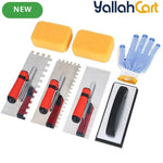 Square Notched Tile Trowel Set - Trowel & Float Set, 3 Stainless Steel Notched Trowels, Rubber Grout Float, 2 Grout Sponges & Work Gloves, Masonry Tiling Tools for Flooring Installation