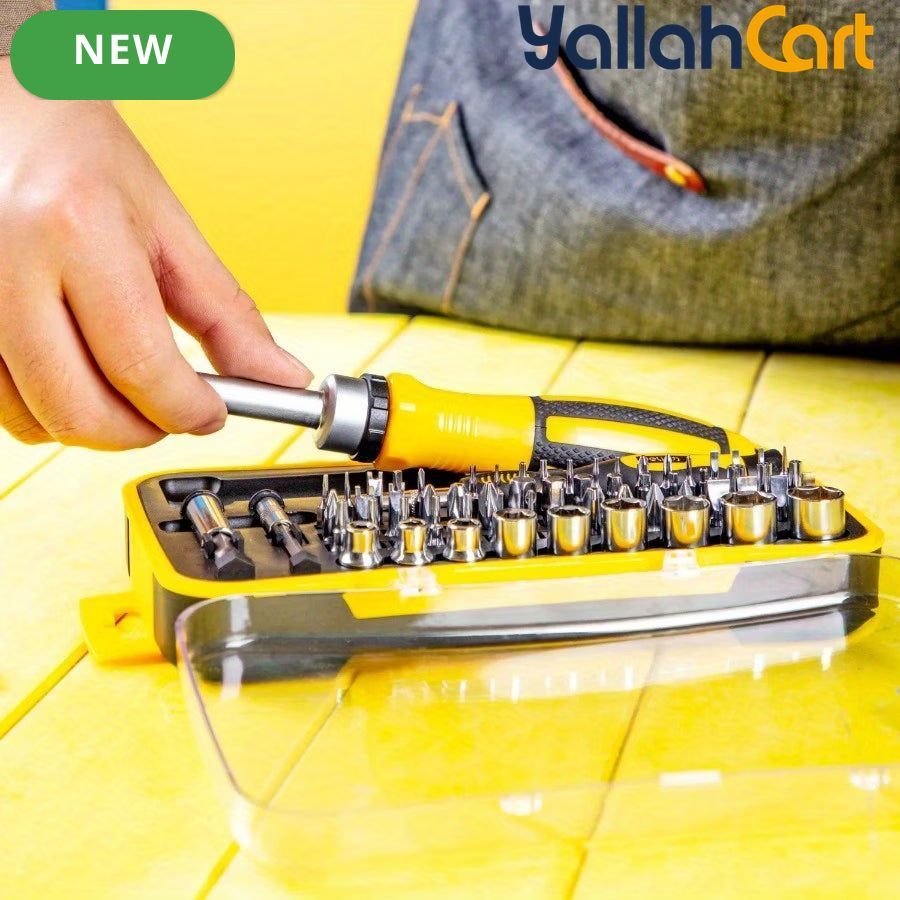 62pcs Portable Precision Magnetic Ratchet Screwdriver Bit Kit - Yellow, Multifunctional Hand Tool Set, Magnetic Screwdriver Bits, Phone Repair & Household Maintenance Tools, Compact Storage Case