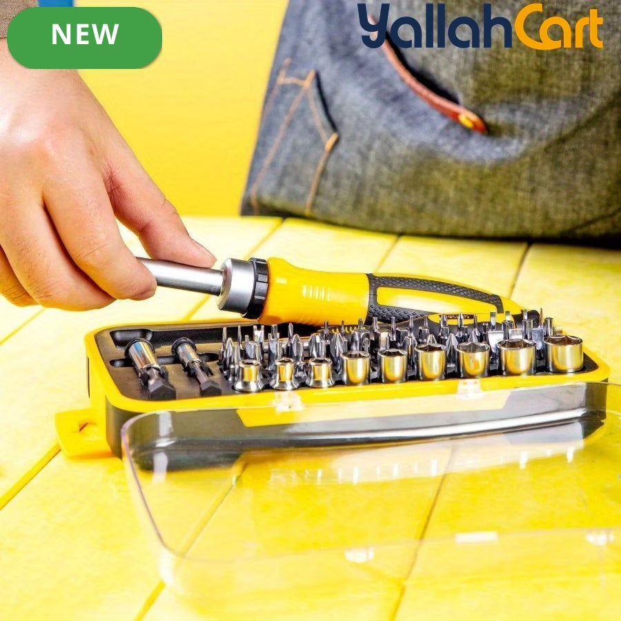 62pcs Portable Precision Magnetic Ratchet Screwdriver Bit Kit - Yellow, Multifunctional Hand Tool Set, Magnetic Screwdriver Bits, Phone Repair & Household Maintenance Tools, Compact Storage Case