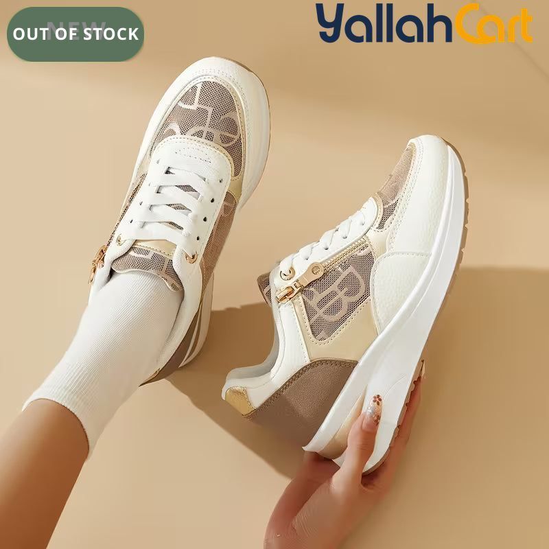 Women's Wedge Sneakers – Thick Sole, Side Zipper, Lace-Up, Breathable Design