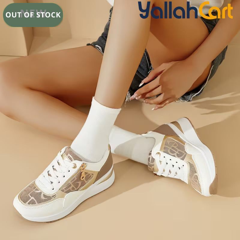 Women's Wedge Sneakers – Thick Sole, Side Zipper, Lace-Up, Breathable Design