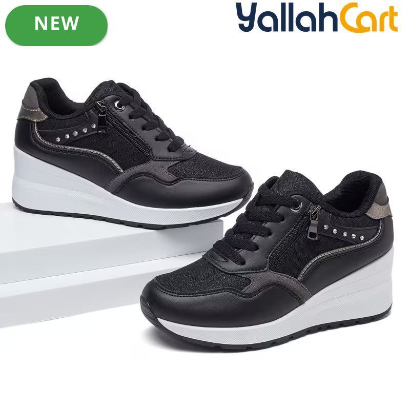 Women's Lightweight Running Sneakers – Breathable Mesh, Side Zipper, Wedge Heel, Insole Lift